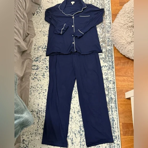 J Crew Factory Navy Blue Eco Dreamiest Long Sleeve Shirt & Pants Pajama set - Picture 3 of 5